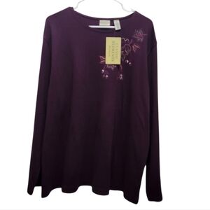 Classic Elements Plus 20/22W Purple  Long Sleeve Top Embroidered Leaves Acorns